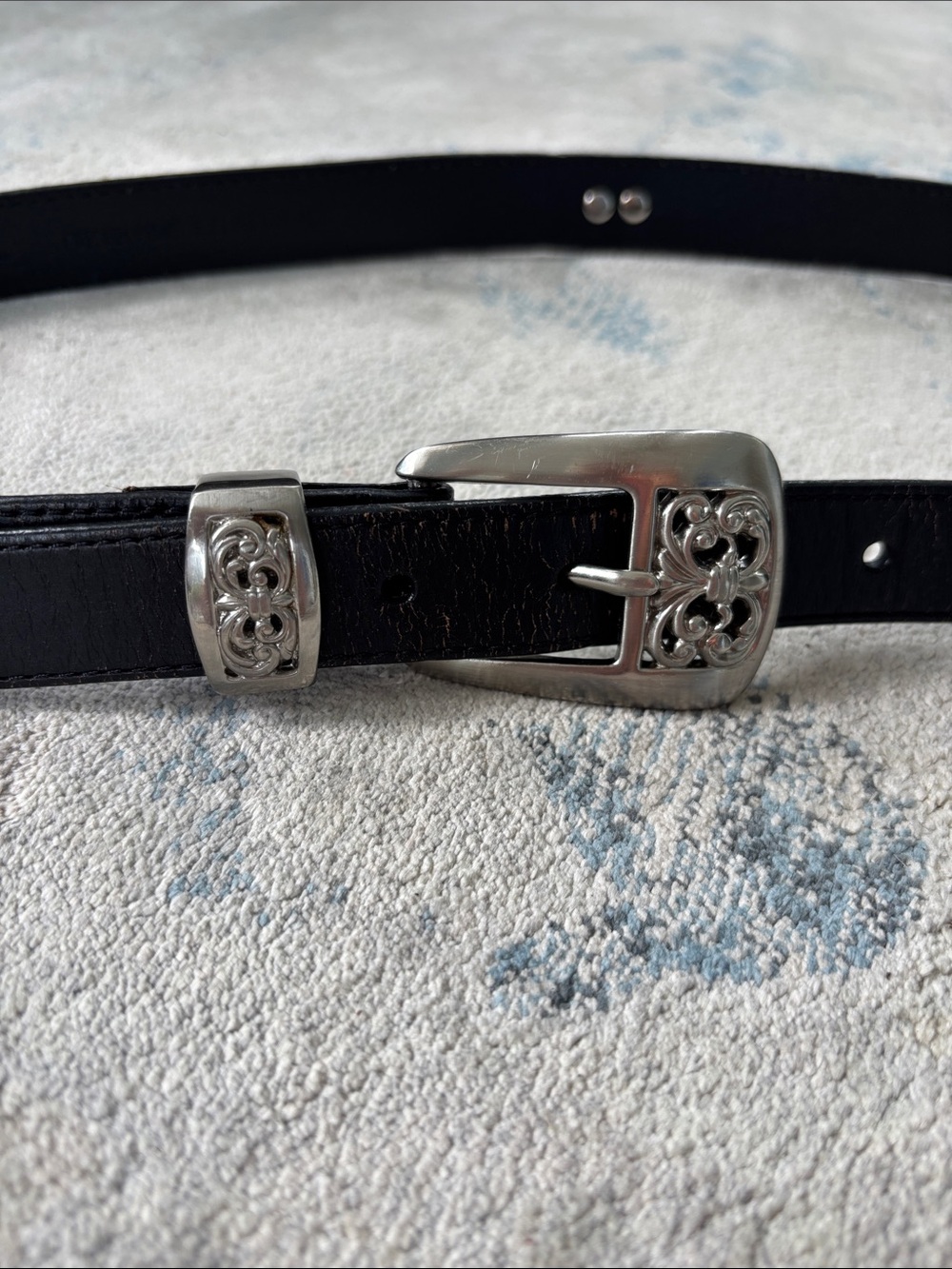 Black Leather Belt with Decorative Silver Buckle